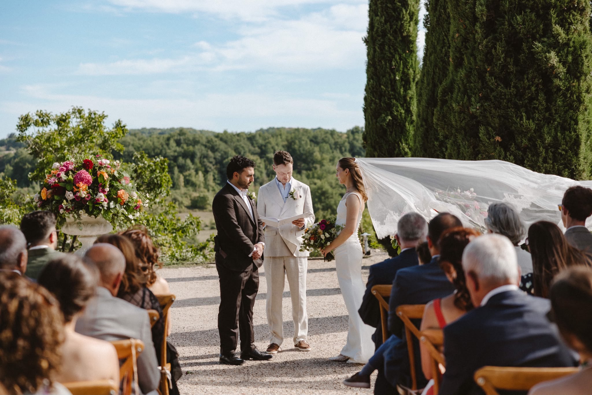Wedding ceremony looking out over the countryside